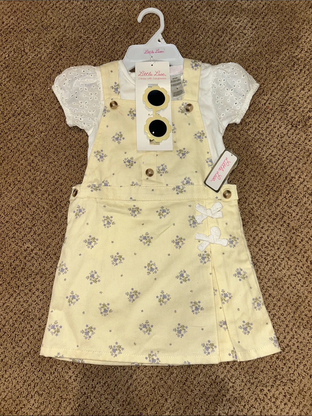 NWT 3 PIECE SET Little Lass Yellow Floral Pinafore Denim Dress with Eyelet Tee